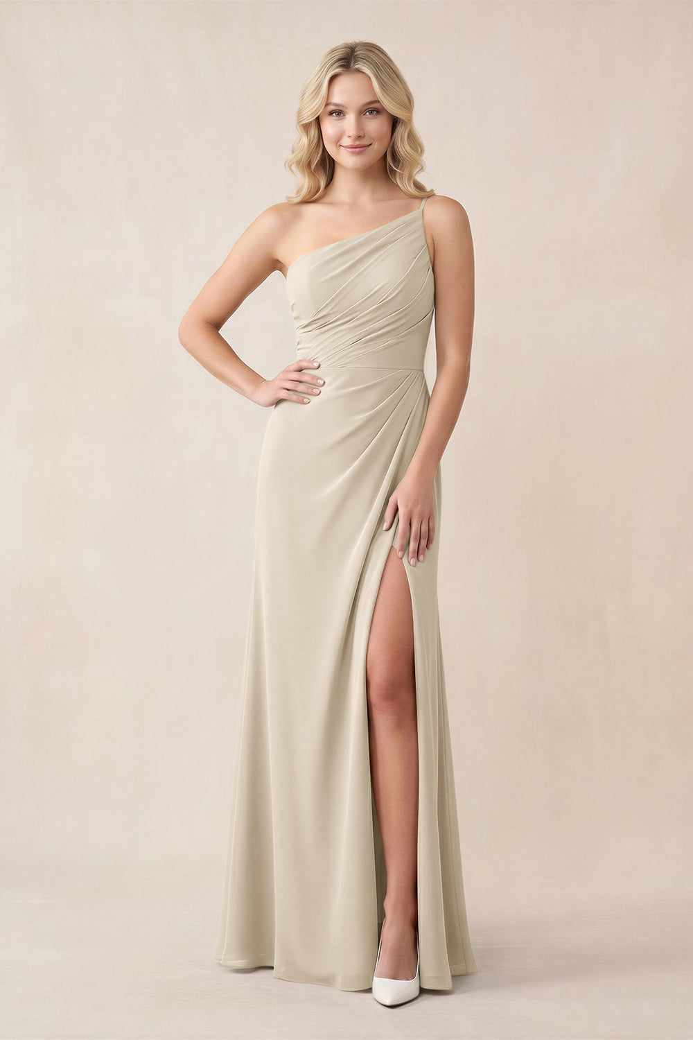 One - Shoulder Sheath Chiffon Ruched Bridesmaid Dress in Champagne - KissProm Bridesmaid Dresses