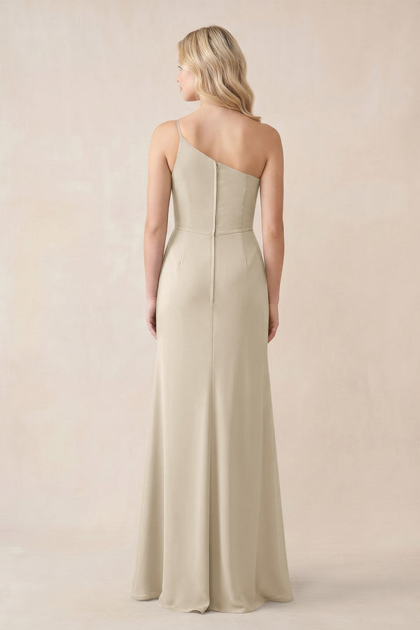One - Shoulder Sheath Chiffon Ruched Bridesmaid Dress in Champagne - KissProm Bridesmaid Dresses