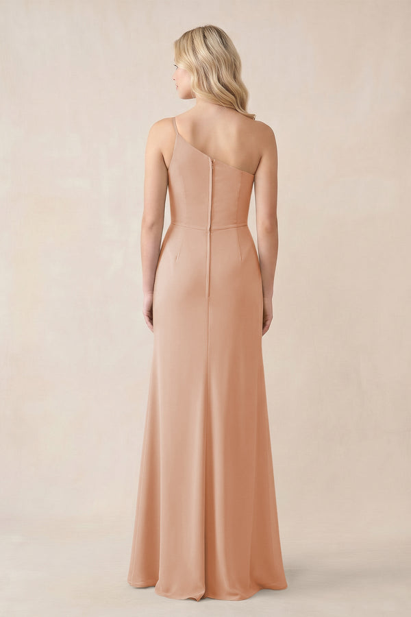 One - Shoulder Sheath Chiffon Ruched Bridesmaid Dress in Champagne Rose - KissProm Bridesmaid Dresses