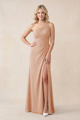 One - Shoulder Sheath Chiffon Ruched Bridesmaid Dress in Champagne Rose - KissProm Bridesmaid Dresses