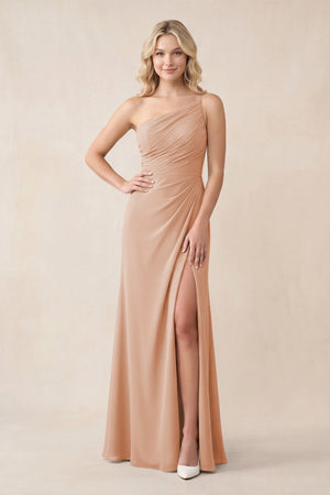 One - Shoulder Sheath Chiffon Ruched Bridesmaid Dress in Champagne Rose - KissProm Bridesmaid Dresses