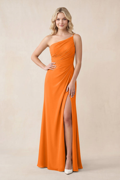 One - Shoulder Sheath Chiffon Ruched Bridesmaid Dress in Cinnamon - KissProm Bridesmaid Dresses