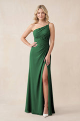 One - Shoulder Sheath Chiffon Ruched Bridesmaid Dress in Dark Green - KissProm Bridesmaid Dresses