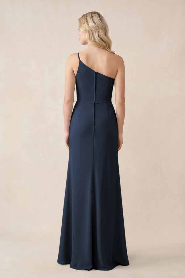 One - Shoulder Sheath Chiffon Ruched Bridesmaid Dress in Dark Navy - KissProm Bridesmaid Dresses