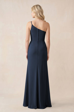 One - Shoulder Sheath Chiffon Ruched Bridesmaid Dress in Dark Navy - KissProm Bridesmaid Dresses