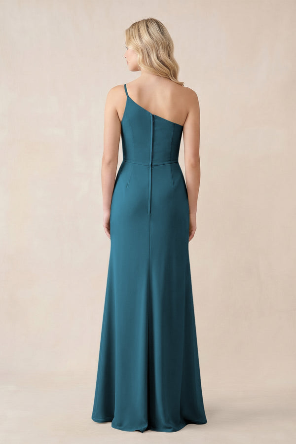 One - Shoulder Sheath Chiffon Ruched Bridesmaid Dress in Dark Teal - KissProm Bridesmaid Dresses