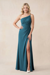 One - Shoulder Sheath Chiffon Ruched Bridesmaid Dress in Dark Teal - KissProm Bridesmaid Dresses