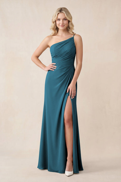 One - Shoulder Sheath Chiffon Ruched Bridesmaid Dress in Dark Teal - KissProm Bridesmaid Dresses