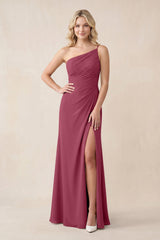 One - Shoulder Sheath Chiffon Ruched Bridesmaid Dress in Desert Rose - KissProm Bridesmaid Dresses