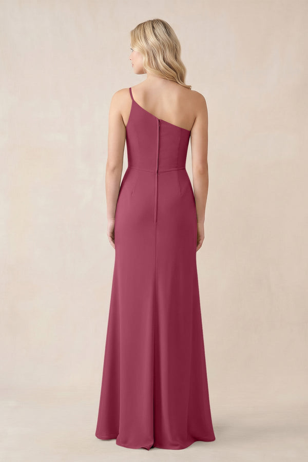 One - Shoulder Sheath Chiffon Ruched Bridesmaid Dress in Desert Rose - KissProm Bridesmaid Dresses