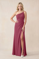 One - Shoulder Sheath Chiffon Ruched Bridesmaid Dress in Desert Rose - KissProm Bridesmaid Dresses