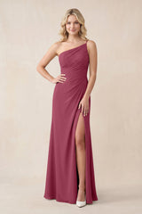 One - Shoulder Sheath Chiffon Ruched Bridesmaid Dress in Desert Rose - KissProm Bridesmaid Dresses