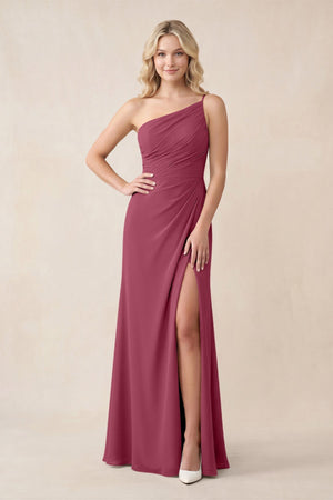One - Shoulder Sheath Chiffon Ruched Bridesmaid Dress in Desert Rose - KissProm Bridesmaid Dresses