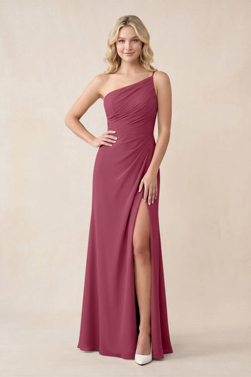 One - Shoulder Sheath Chiffon Ruched Bridesmaid Dress in Desert Rose - KissProm Bridesmaid Dresses