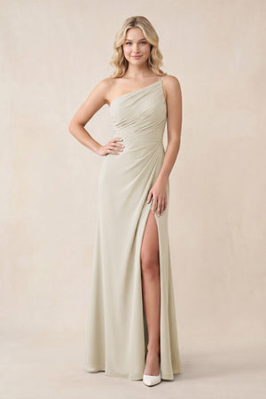 One - Shoulder Sheath Chiffon Ruched Bridesmaid Dress in Dove Gray - KissProm Bridesmaid Dresses