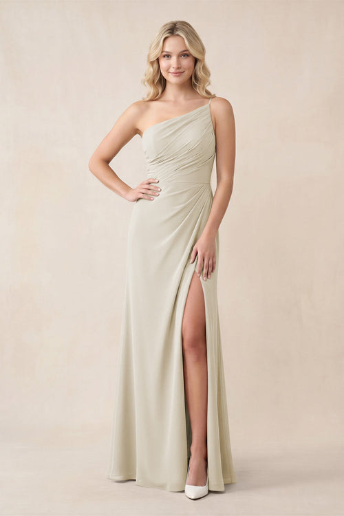One - Shoulder Sheath Chiffon Ruched Bridesmaid Dress in Dove Gray - KissProm Bridesmaid Dresses