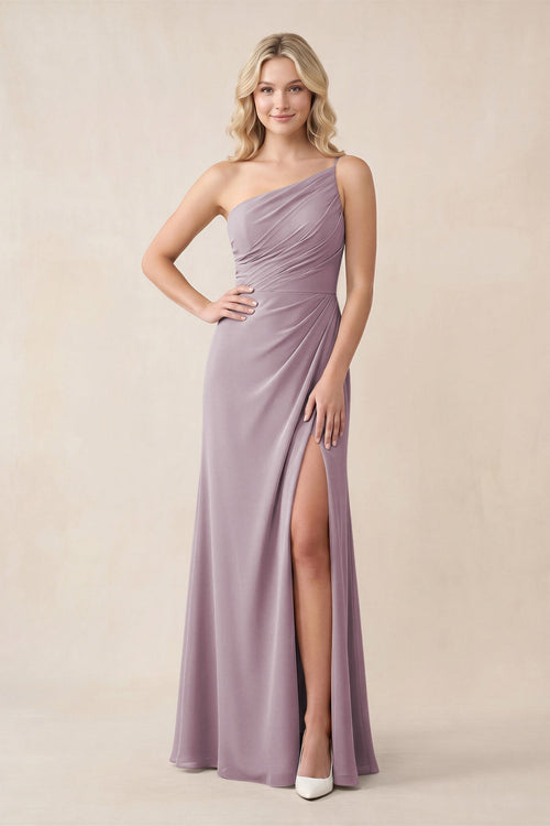 One - Shoulder Sheath Chiffon Ruched Bridesmaid Dress in Dusk - KissProm Bridesmaid Dresses