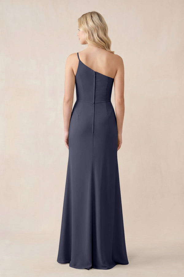 One - Shoulder Sheath Chiffon Ruched Bridesmaid Dress in Dusk Blue - KissProm Bridesmaid Dresses