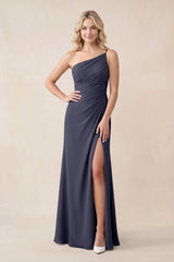 One - Shoulder Sheath Chiffon Ruched Bridesmaid Dress in Dusk Blue - KissProm Bridesmaid Dresses