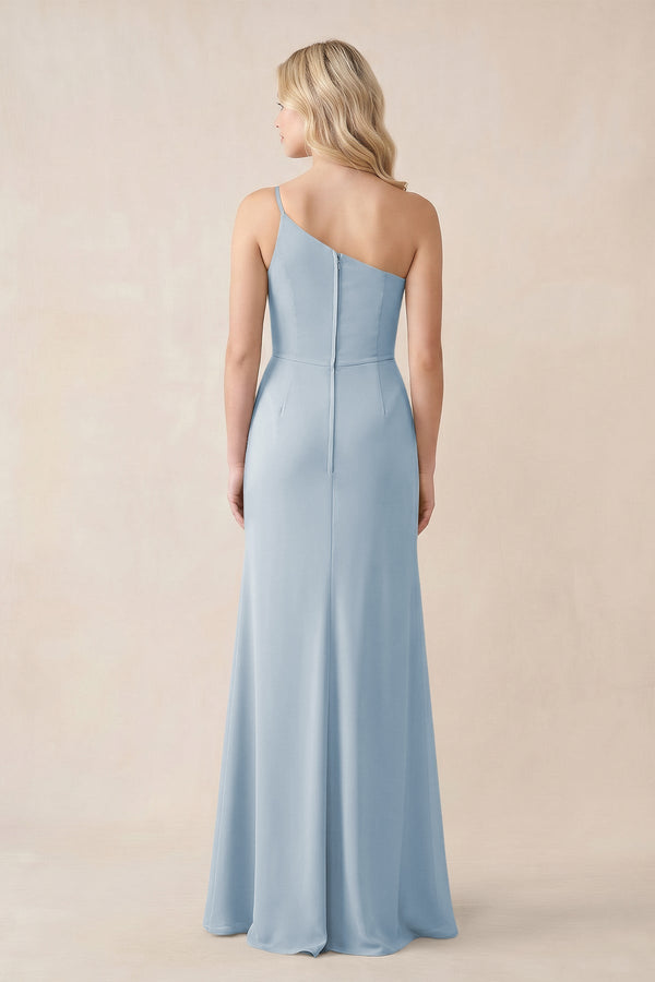 One - Shoulder Sheath Chiffon Ruched Bridesmaid Dress in Dusty Blue - KissProm Bridesmaid Dresses