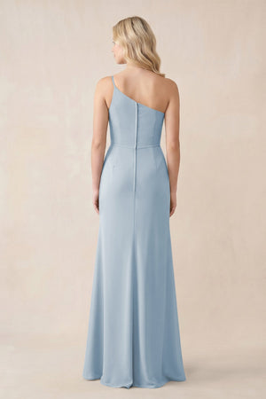 One - Shoulder Sheath Chiffon Ruched Bridesmaid Dress in Dusty Blue - KissProm Bridesmaid Dresses
