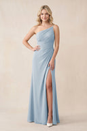 One - Shoulder Sheath Chiffon Ruched Bridesmaid Dress in Dusty Blue - KissProm Bridesmaid Dresses