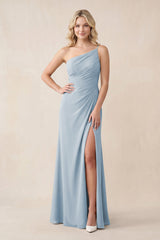One - Shoulder Sheath Chiffon Ruched Bridesmaid Dress in Dusty Blue - KissProm Bridesmaid Dresses