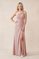 One - Shoulder Sheath Chiffon Ruched Bridesmaid Dress in Dusty Rose - KissProm Bridesmaid Dresses