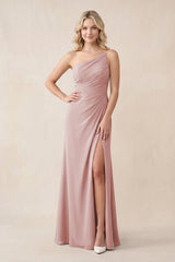 One - Shoulder Sheath Chiffon Ruched Bridesmaid Dress in Dusty Rose - KissProm Bridesmaid Dresses