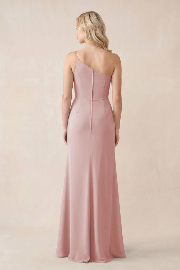 One - Shoulder Sheath Chiffon Ruched Bridesmaid Dress in Dusty Rose - KissProm Bridesmaid Dresses
