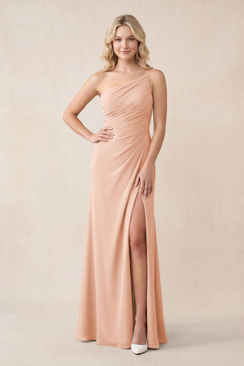 One - Shoulder Sheath Chiffon Ruched Bridesmaid Dress in English Rose - KissProm Bridesmaid Dresses