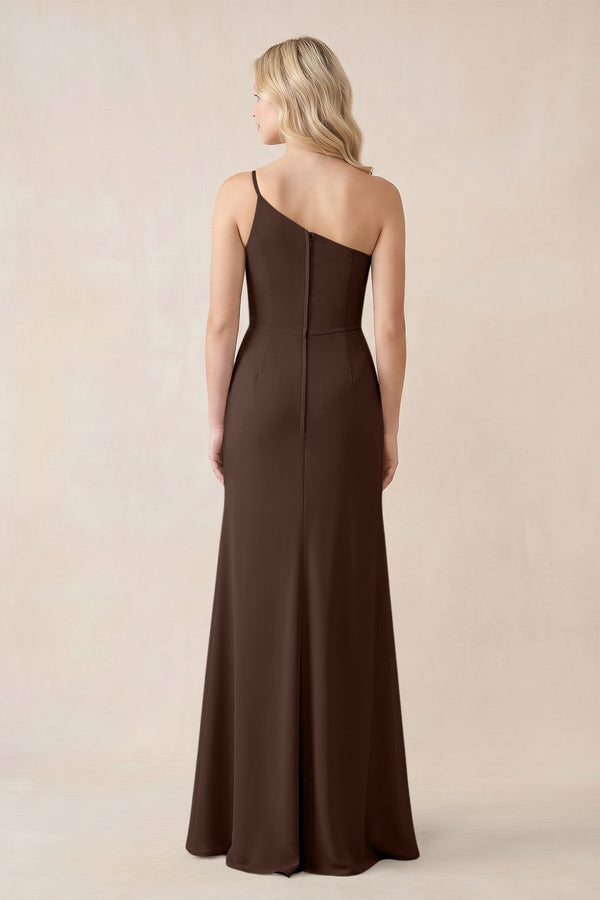 One - Shoulder Sheath Chiffon Ruched Bridesmaid Dress in Espresso - KissProm Bridesmaid Dresses