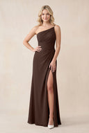 One - Shoulder Sheath Chiffon Ruched Bridesmaid Dress in Espresso - KissProm Bridesmaid Dresses