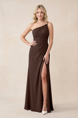 One - Shoulder Sheath Chiffon Ruched Bridesmaid Dress in Espresso - KissProm Bridesmaid Dresses