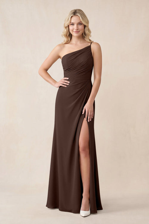 One - Shoulder Sheath Chiffon Ruched Bridesmaid Dress in Espresso - KissProm Bridesmaid Dresses