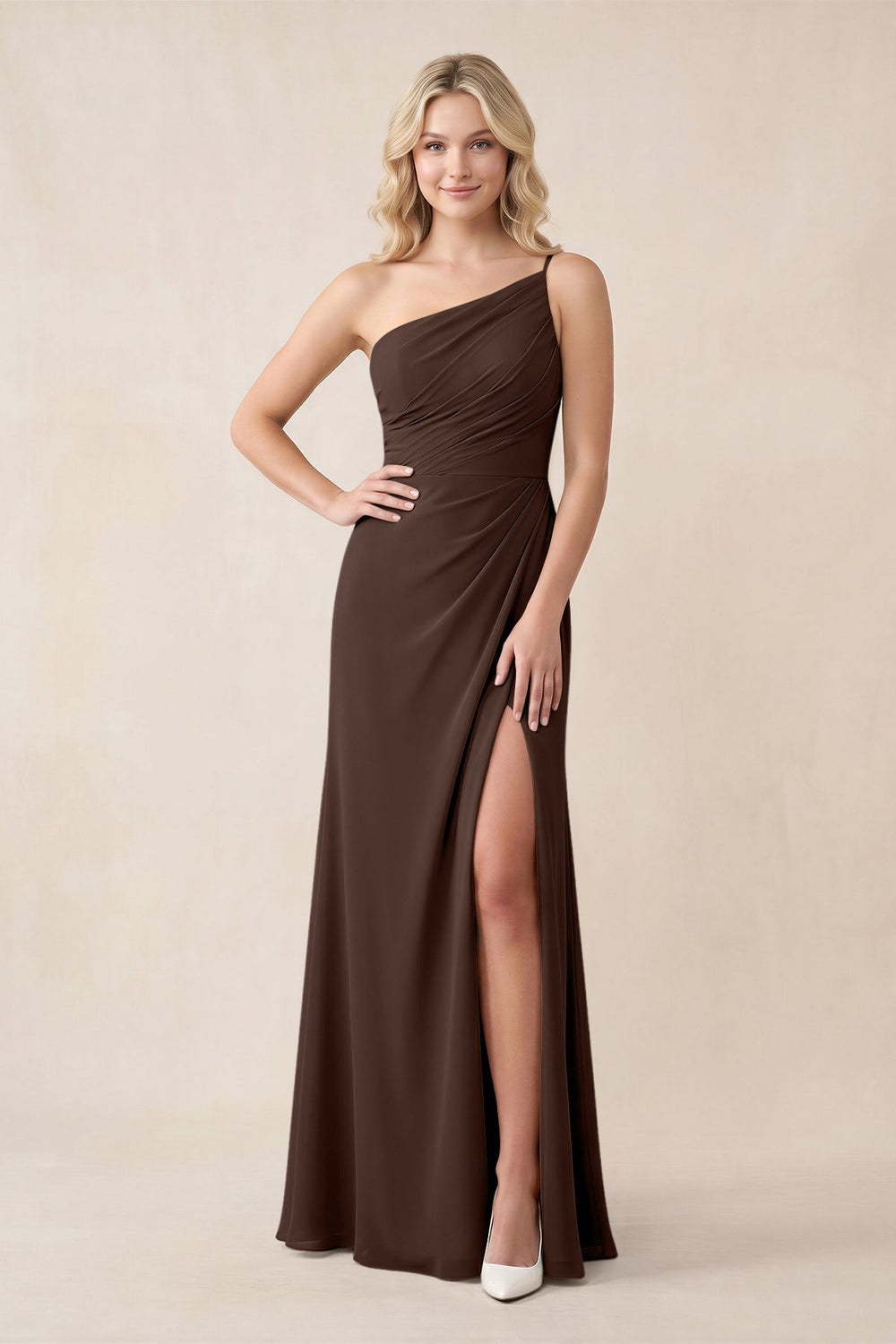 One - Shoulder Sheath Chiffon Ruched Bridesmaid Dress in Espresso - KissProm Bridesmaid Dresses