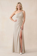 One - Shoulder Sheath Chiffon Ruched Bridesmaid Dress in Frost - KissProm Bridesmaid Dresses