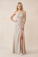 One - Shoulder Sheath Chiffon Ruched Bridesmaid Dress in Frost - KissProm Bridesmaid Dresses