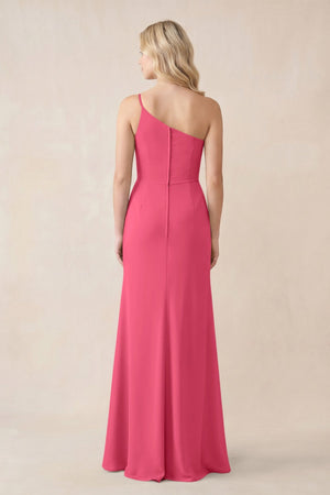 One - Shoulder Sheath Chiffon Ruched Bridesmaid Dress in Fuchsia - KissProm Bridesmaid Dresses