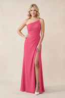 One - Shoulder Sheath Chiffon Ruched Bridesmaid Dress in Fuchsia - KissProm Bridesmaid Dresses