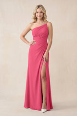 One - Shoulder Sheath Chiffon Ruched Bridesmaid Dress in Fuchsia - KissProm Bridesmaid Dresses