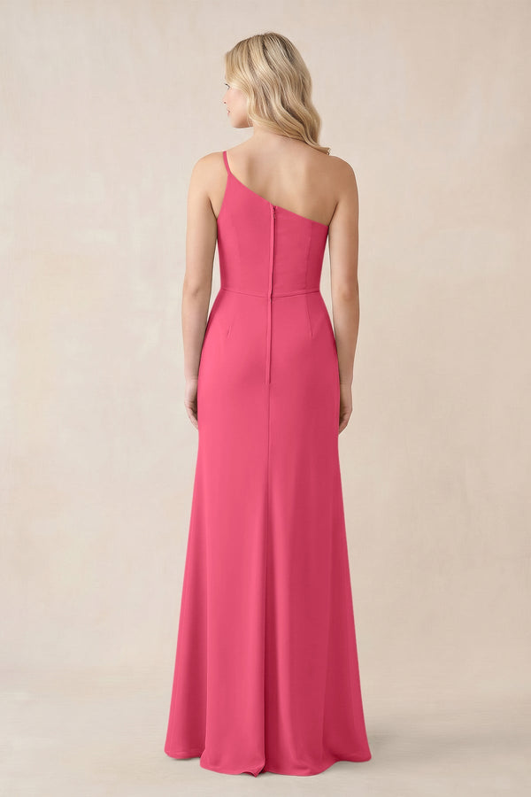 One - Shoulder Sheath Chiffon Ruched Bridesmaid Dress in Fuchsia - KissProm Bridesmaid Dresses
