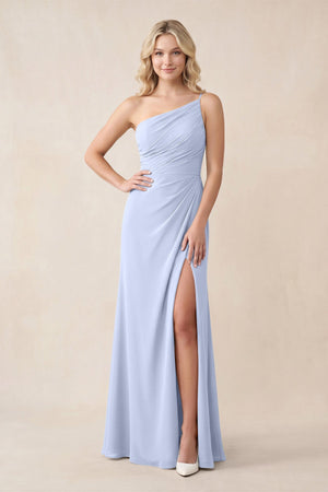 One - Shoulder Sheath Chiffon Ruched Bridesmaid Dress in Ice - KissProm Bridesmaid Dresses