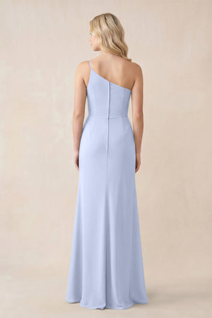 One - Shoulder Sheath Chiffon Ruched Bridesmaid Dress in Ice - KissProm Bridesmaid Dresses