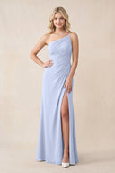 One - Shoulder Sheath Chiffon Ruched Bridesmaid Dress in Ice - KissProm Bridesmaid Dresses