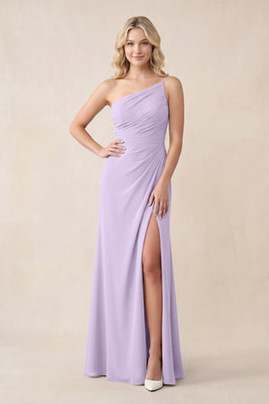 One - Shoulder Sheath Chiffon Ruched Bridesmaid Dress in Lavender - KissProm Bridesmaid Dresses