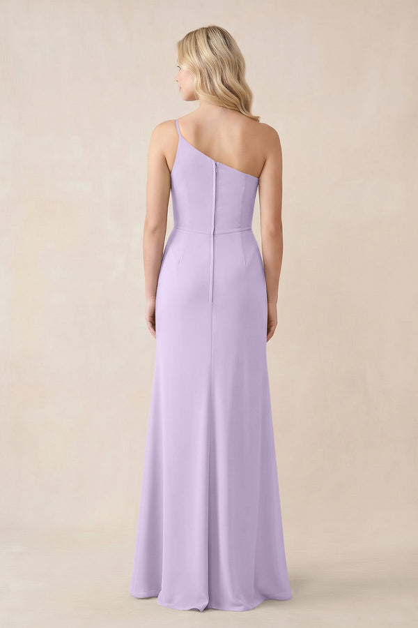 One - Shoulder Sheath Chiffon Ruched Bridesmaid Dress in Lavender - KissProm Bridesmaid Dresses