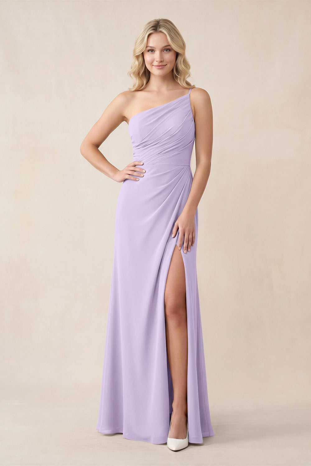One - Shoulder Sheath Chiffon Ruched Bridesmaid Dress in Lavender - KissProm Bridesmaid Dresses