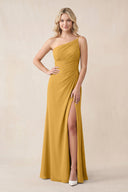One - Shoulder Sheath Chiffon Ruched Bridesmaid Dress in Marigold - KissProm Bridesmaid Dresses