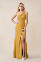 One - Shoulder Sheath Chiffon Ruched Bridesmaid Dress in Marigold - KissProm Bridesmaid Dresses